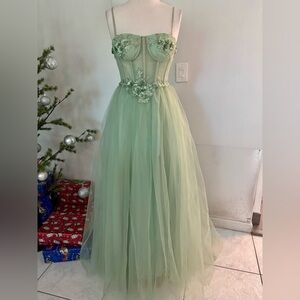 Faeriesty Sage Green Strapless Gown with Floral Details